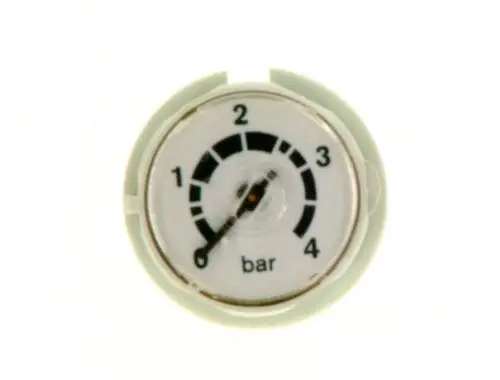 Manometer mit einer Skala bis 4 bar. Die Anzeige zeigt den Druck in bar an. Das Produkt stammt von Bosch und ist für die Druckmessung geeignet.
